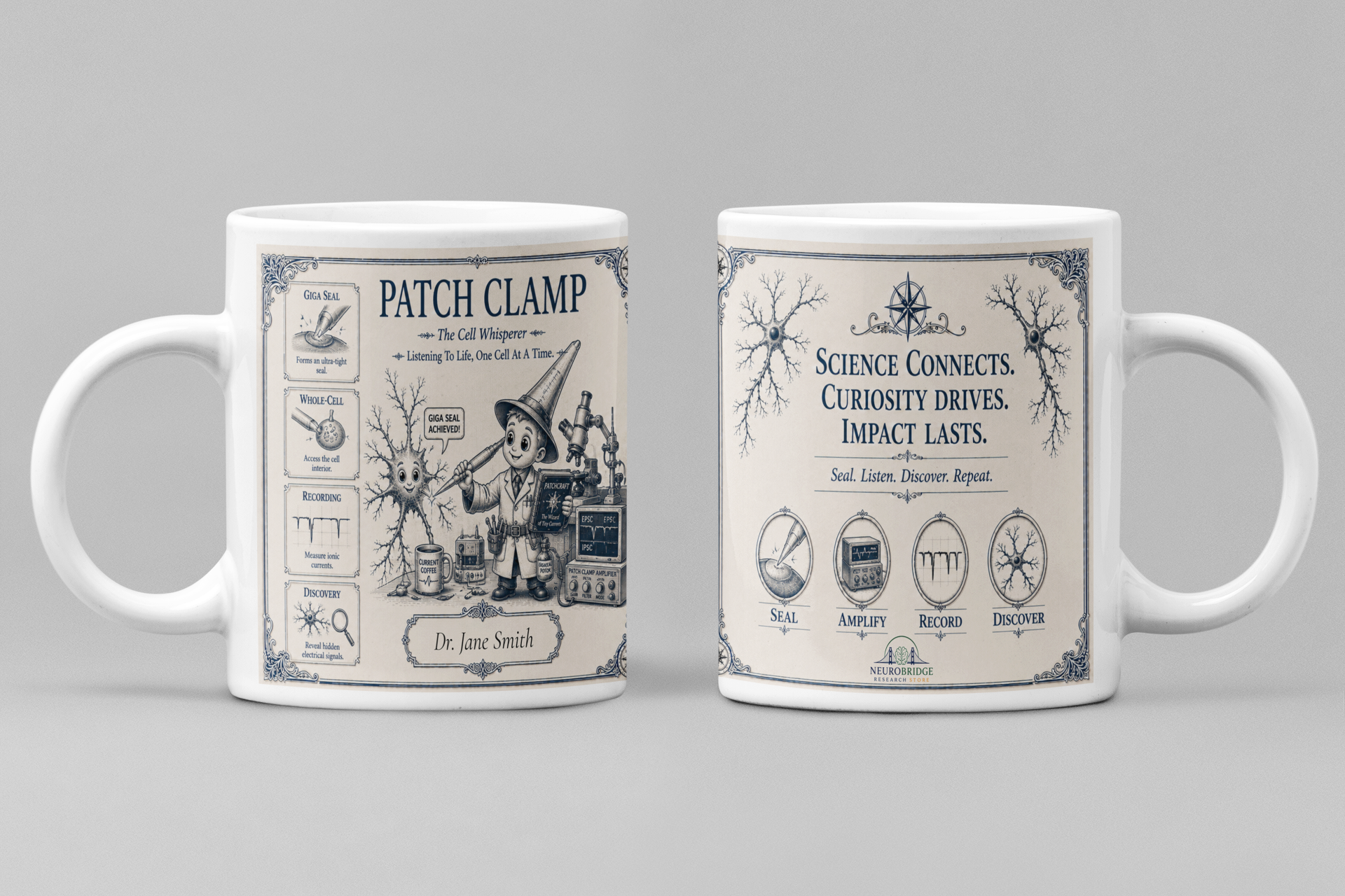 Patch Clamp Wizard Mug – Personalized Neuroscience Inspired Ceramic Coffee Mug (11 oz)